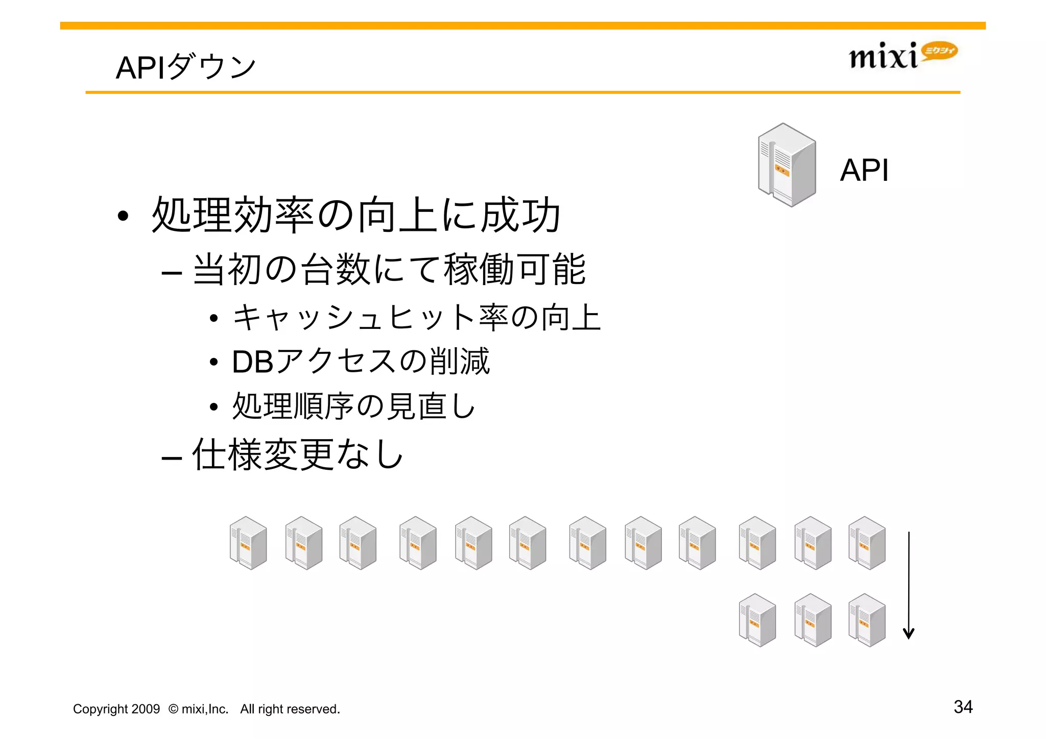 API


                                                 API	
       • 
               – 
                       • 
                       •  DB
                       • 
               – 




Copyright 2009 © mixi,Inc. All right reserved.           34
 