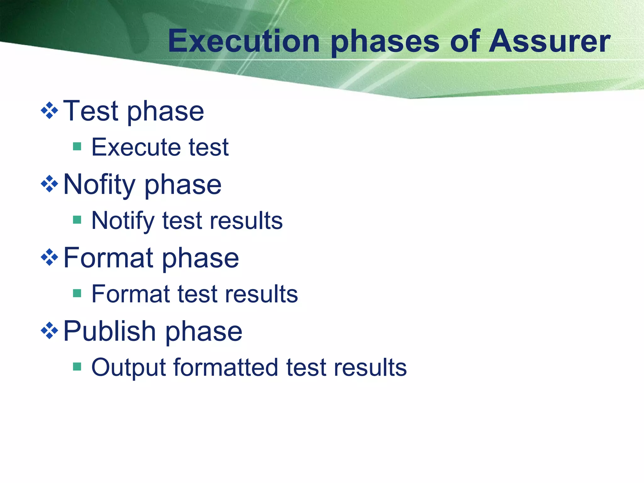 Execution phases of Assurer  Test phase Execute test Nofity phase Notify test results Format phase Format test results Publish phase Output formatted test results 