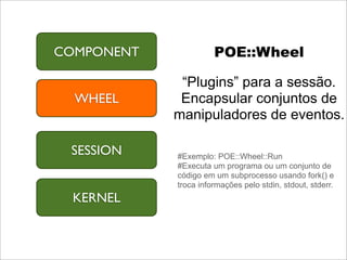 COMPONENT             POE::Wheel

             “Plugins” para a sessão.
  WHEEL      Encapsular conjuntos de
            manipuladores de eventos.

 SESSION    #Exemplo: POE::Wheel::Run
            #Executa um programa ou um conjunto de
            código em um subprocesso usando fork() e
            troca informações pelo stdin, stdout, stderr.
 KERNEL
 