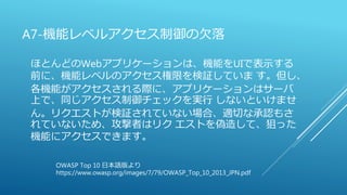 A7-機能レベルアクセス制御の欠落
ほとんどのWebアプリケーションは、機能をUIで表示する
前に、機能レベルのアクセス権限を検証していま す。但し、
各機能がアクセスされる際に、アプリケーションはサーバ
上で、同じアクセス制御チェックを実行 しないといけませ
ん。リクエストが検証されていない場合、適切な承認もさ
れていないため、攻撃者はリク エストを偽造して、狙った
機能にアクセスできます。
OWASP Top 10 日本語版より
https://www.owasp.org/images/7/79/OWASP_Top_10_2013_JPN.pdf
 