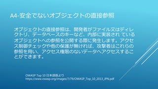 A4-安全でないオブジェクトの直接参照
オブジェクトの直接参照は、開発者がファイル又はディレ
クトリ、データベースのキーなど、内部に実装され ている
オブジェクトへの参照を公開する際に発生します。アクセ
ス制御チェックや他の保護が無ければ、攻撃者はこれらの
参照を用い、アクセス権限のないデータへアクセスするこ
とができます。
OWASP Top 10 日本語版より
https://www.owasp.org/images/7/79/OWASP_Top_10_2013_JPN.pdf
 