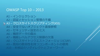 OWASP Top 10 – 2013
A1 – インジェクション
A2 – 認証とセッション管理の不備
A3 – クロスサイトスクリプティング(XSS)
A4 – 安全でないオブジェクト直接参照
A5 – セキュリティ設定のミス
A6 – 機密データの露出
A7 – 機能レベルアクセス制御の欠落
A8 – クロスサイトリクエストフォージェリ(CSRF)
A9 – 既知の脆弱性を持つコンポーネントの使用
A10 – 未検証のリダイレクトとフォーワード
 