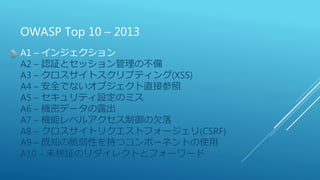 OWASP Top 10 – 2013
A1 – インジェクション
A2 – 認証とセッション管理の不備
A3 – クロスサイトスクリプティング(XSS)
A4 – 安全でないオブジェクト直接参照
A5 – セキュリティ設定のミス
A6 – 機密データの露出
A7 – 機能レベルアクセス制御の欠落
A8 – クロスサイトリクエストフォージェリ(CSRF)
A9 – 既知の脆弱性を持つコンポーネントの使用
A10 – 未検証のリダイレクトとフォーワード
 