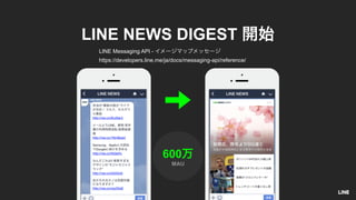 LINE NEWS DIGEST
LINE Messaging API -
https://developers.line.me/ja/docs/messaging-api/reference/
MAU
600
 