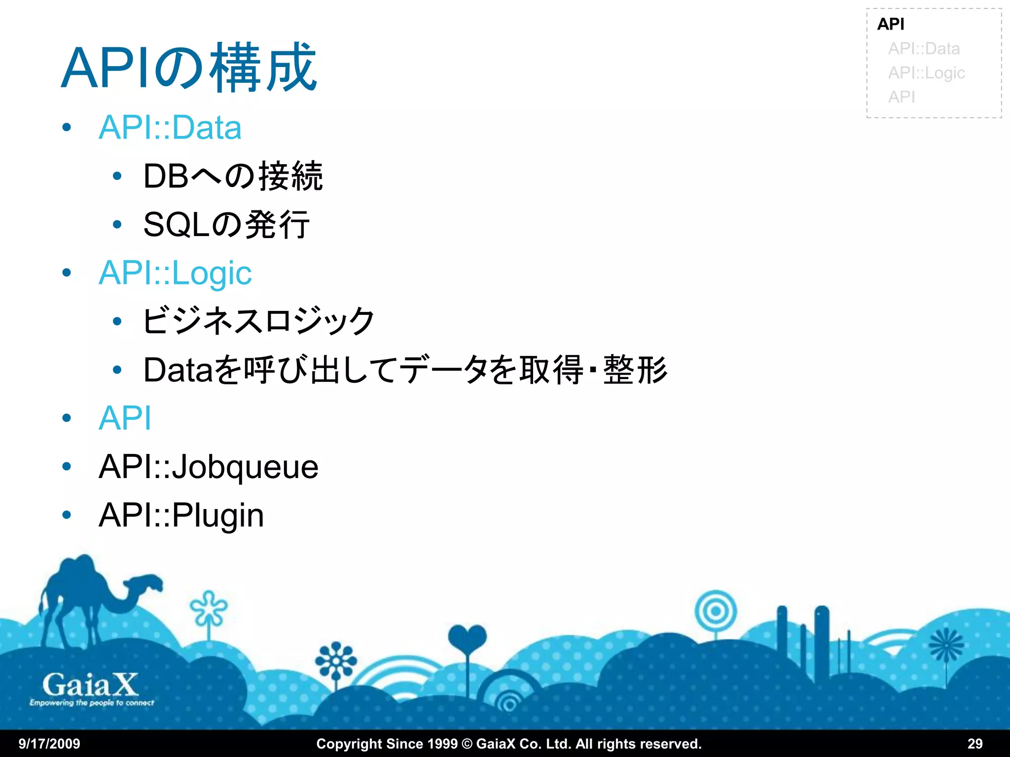 API
                                                                              API::Data
      APIの構成                                                                  API::Logic
                                                                              API

      • API::Data
         • DBへの接続
         • SQLの発行
      • API::Logic
         • ビジネスロジック
         • Dataを呼び出してデータを取得・整形
      • API
      • API::Jobqueue
      • API::Plugin




9/17/2009       Copyright Since 1999 © GaiaX Co. Ltd. All rights reserved.                 29
 
