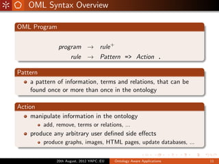 OML Syntax Overview

OML Program


               program → rule +
                     rule → Pattern => Action .

Pattern
    a pattern of information, terms and relations, that can be
    found once or more than once in the ontology

Action
     manipulate information in the ontology
         add, remove, terms or relations, ...
    produce any arbitrary user deﬁned side eﬀects
         produce graphs, images, HTML pages, update databases, ...


              20th August, 2012 YAPC::EU   Ontology Aware Applications   11
 