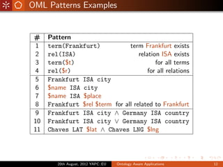 OML Patterns Examples


 #    Pattern
  1   term(Frankfurt)            term Frankfurt exists
  2   rel(ISA)                       relation ISA exists
  3   term($t)                              for all terms
  4   rel($r)                            for all relations
  5   Frankfurt ISA city
  6   $name ISA city
  7   $name ISA $place
  8   Frankfurt $rel $term for all related to Frankfurt
  9   Frankfurt ISA city ∧ Germany ISA country
 10   Frankfurt ISA city ∨ Germany ISA country
 11   Chaves LAT $lat ∧ Chaves LNG $lng




         20th August, 2012 YAPC::EU   Ontology Aware Applications   12
 
