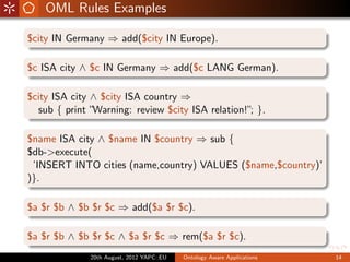 OML Rules Examples

$city IN Germany ⇒ add($city IN Europe).

$c ISA city ∧ $c IN Germany ⇒ add($c LANG German).

$city ISA city ∧ $city ISA country ⇒
  sub { print ”Warning: review $city ISA relation!” }.
                                                   ;

$name ISA city ∧ $name IN $country ⇒ sub {
$db->execute(
 ’INSERT INTO cities (name,country) VALUES ($name,$country)’
)}.

$a $r $b ∧ $b $r $c ⇒ add($a $r $c).

$a $r $b ∧ $b $r $c ∧ $a $r $c ⇒ rem($a $r $c).
              20th August, 2012 YAPC::EU   Ontology Aware Applications   14
 