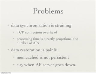 Problems
✦ data synchronization is straining
✦ TCP connection overhead
✦ processing time is directly proprtional the
number of APs
✦ data restoration is painful
✦ memcached is not persistent
✦ e.g, when AP server goes down.
13年9月20日金曜日
 