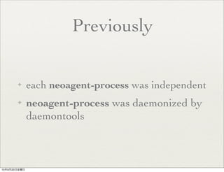 Previously
✦ each neoagent-process was independent
✦ neoagent-process was daemonized by
daemontools
13年9月20日金曜日
 
