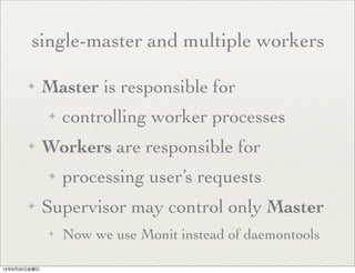 single-master and multiple workers
✦ Master is responsible for
✦ controlling worker processes
✦ Workers are responsible for
✦ processing user’s requests
✦ Supervisor may control only Master
✦ Now we use Monit instead of daemontools
13年9月20日金曜日
 