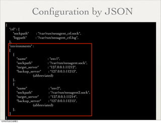 Conﬁguration by JSON
{
"ctl" : {
"sockpath" : "/var/run/neoagent_ctl.sock",
"logpath" : "/var/run/neoagent_ctl.log",
},
"environments" :
[
{
"name" : "env1",
"sockpath" : "/var/run/neoagent.sock",
"target_server" : "127.0.0.1:11212",
"backup_server" : "127.0.0.1:11213",
(abbreviated)
},
{
"name" : "env2",
"sockpath" : "/var/run/neoagent2.sock",
"target_server" : "127.0.0.1:11214",
"backup_server" : "127.0.0.1:11215",
(abbreviated)
},
]
}
13年9月20日金曜日
 
