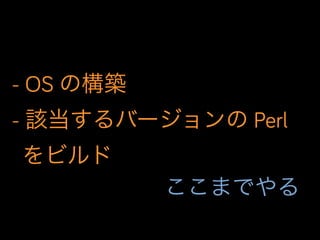 - OS の構築
- 該当するバージョンの Perl
をビルド
ここまでやる
 