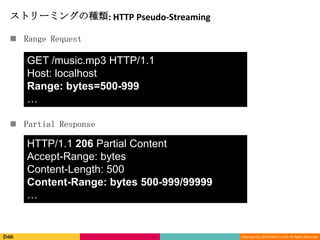 Copyright (C) 2013 DeNA Co.,Ltd. All Rights Reserved.
ストリーミングの種類: HTTP Pseudo-Streaming
 Range Request
 Partial Response
GET /music.mp3 HTTP/1.1
Host: localhost
Range: bytes=500-999
…
HTTP/1.1 206 Partial Content
Accept-Range: bytes
Content-Length: 500
Content-Range: bytes 500-999/99999
…
 