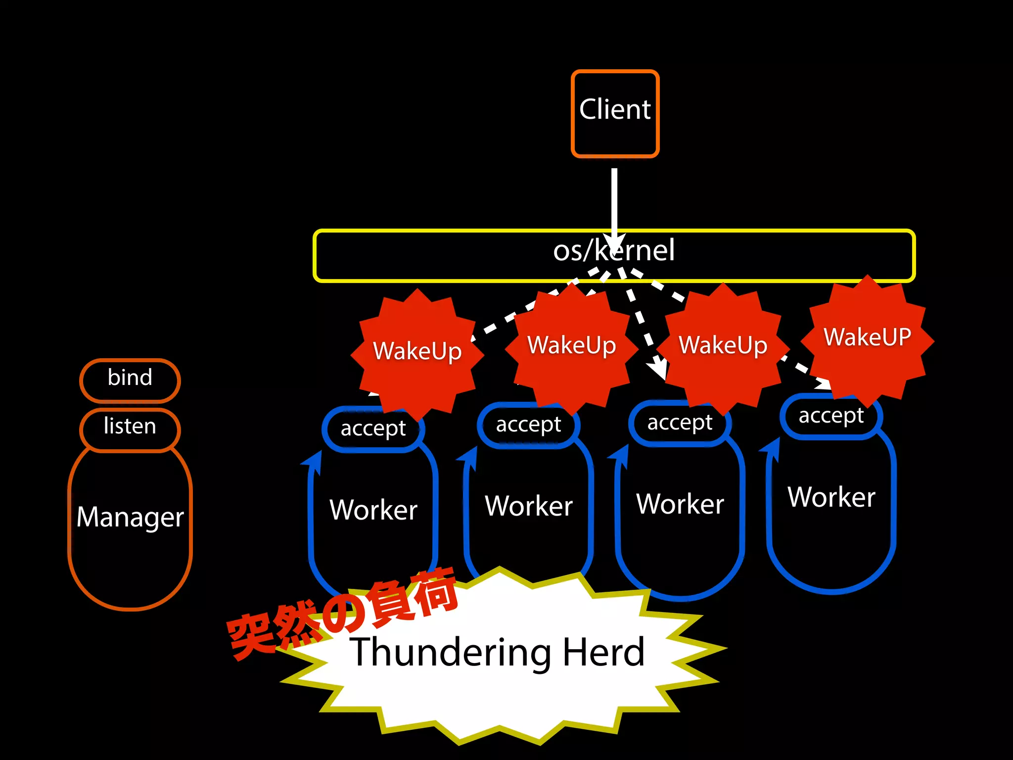 os/kernel
Worker
accept
Worker
accept
Worker
accept
Worker
accept
Client
Manager
bind
listen
Thundering Herd突然の負荷
WakeUp WakeUp WakeUp WakeUP
 