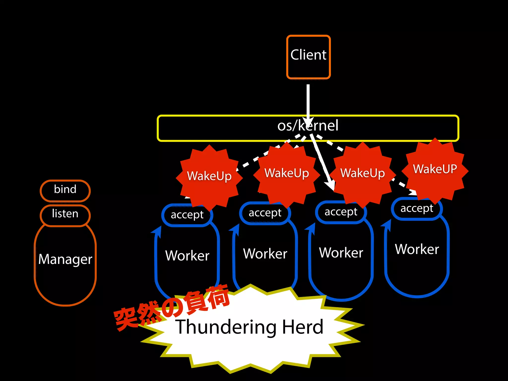 os/kernel
Worker
accept
Worker
accept
Worker
accept
Worker
accept
Client
Manager
bind
listen
Thundering Herd突然の負荷
WakeUp WakeUp WakeUp WakeUP
 