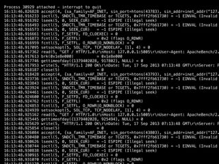 Process 30929 attached - interrupt to quit
16:13:46.826828 accept(4, {sa_family=AF_INET, sin_port=htons(43783), sin_addr=inet_addr("127.
16:13:48.916233 ioctl(5, SNDCTL_TMR_TIMEBASE or TCGETS, 0x7fff2fb61730) = -1 EINVAL (Invalid
16:13:48.916392 lseek(5, 0, SEEK_CUR) = -1 ESPIPE (Illegal seek)
16:13:48.916493 ioctl(5, SNDCTL_TMR_TIMEBASE or TCGETS, 0x7fff2fb61730) = -1 EINVAL (Invalid
16:13:48.916573 lseek(5, 0, SEEK_CUR) = -1 ESPIPE (Illegal seek)
16:13:48.916661 fcntl(5, F_SETFD, FD_CLOEXEC) = 0
16:13:48.916873 fcntl(5, F_GETFL) = 0x2 (flags O_RDWR)
16:13:48.916959 fcntl(5, F_SETFL, O_RDWR|O_NONBLOCK) = 0
16:13:48.917095 setsockopt(5, SOL_TCP, TCP_NODELAY, [1], 4) = 0
16:13:48.917362 read(5, "GET / HTTP/1.0rnHost: 127.0.0.1:5005rnUser-Agent: ApacheBench/2.
16:13:48.917613 brk(0x1e8e000) = 0x1e8e000
16:13:48.917746 gettimeofday({1379402028, 917802}, NULL) = 0
16:13:48.917953 write(5, "HTTP/1.1 200 OKrnDate: Tue, 17 Sep 2013 07:13:48 GMTrnServer: P
16:13:48.918187 close(5) = 0
16:13:48.918428 accept(4, {sa_family=AF_INET, sin_port=htons(43793), sin_addr=inet_addr("127.
16:13:48.923736 ioctl(5, SNDCTL_TMR_TIMEBASE or TCGETS, 0x7fff2fb61730) = -1 EINVAL (Invalid
16:13:48.923843 lseek(5, 0, SEEK_CUR) = -1 ESPIPE (Illegal seek)
16:13:48.923924 ioctl(5, SNDCTL_TMR_TIMEBASE or TCGETS, 0x7fff2fb61730) = -1 EINVAL (Invalid
16:13:48.924461 lseek(5, 0, SEEK_CUR) = -1 ESPIPE (Illegal seek)
16:13:48.924600 fcntl(5, F_SETFD, FD_CLOEXEC) = 0
16:13:48.924762 fcntl(5, F_GETFL) = 0x2 (flags O_RDWR)
16:13:48.924853 fcntl(5, F_SETFL, O_RDWR|O_NONBLOCK) = 0
16:13:48.924939 setsockopt(5, SOL_TCP, TCP_NODELAY, [1], 4) = 0
16:13:48.925162 read(5, "GET / HTTP/1.0rnHost: 127.0.0.1:5005rnUser-Agent: ApacheBench/2.
16:13:48.925445 gettimeofday({1379402028, 925494}, NULL) = 0
16:13:48.925629 write(5, "HTTP/1.1 200 OKrnDate: Tue, 17 Sep 2013 07:13:48 GMTrnServer: P
16:13:48.925854 close(5) = 0
16:13:48.926084 accept(4, {sa_family=AF_INET, sin_port=htons(43803), sin_addr=inet_addr("127.
16:13:48.930480 ioctl(5, SNDCTL_TMR_TIMEBASE or TCGETS, 0x7fff2fb61730) = -1 EINVAL (Invalid
16:13:48.930626 lseek(5, 0, SEEK_CUR) = -1 ESPIPE (Illegal seek)
16:13:48.930744 ioctl(5, SNDCTL_TMR_TIMEBASE or TCGETS, 0x7fff2fb61730) = -1 EINVAL (Invalid
16:13:48.930838 lseek(5, 0, SEEK_CUR) = -1 ESPIPE (Illegal seek)
16:13:48.930915 fcntl(5, F_SETFD, FD_CLOEXEC) = 0
16:13:48.931070 fcntl(5, F_GETFL) = 0x2 (flags O_RDWR)
 