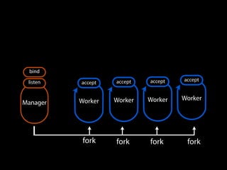 Worker
accept
Worker
accept
Worker
accept
Worker
accept
Manager
bind
listen
fork fork fork fork
 