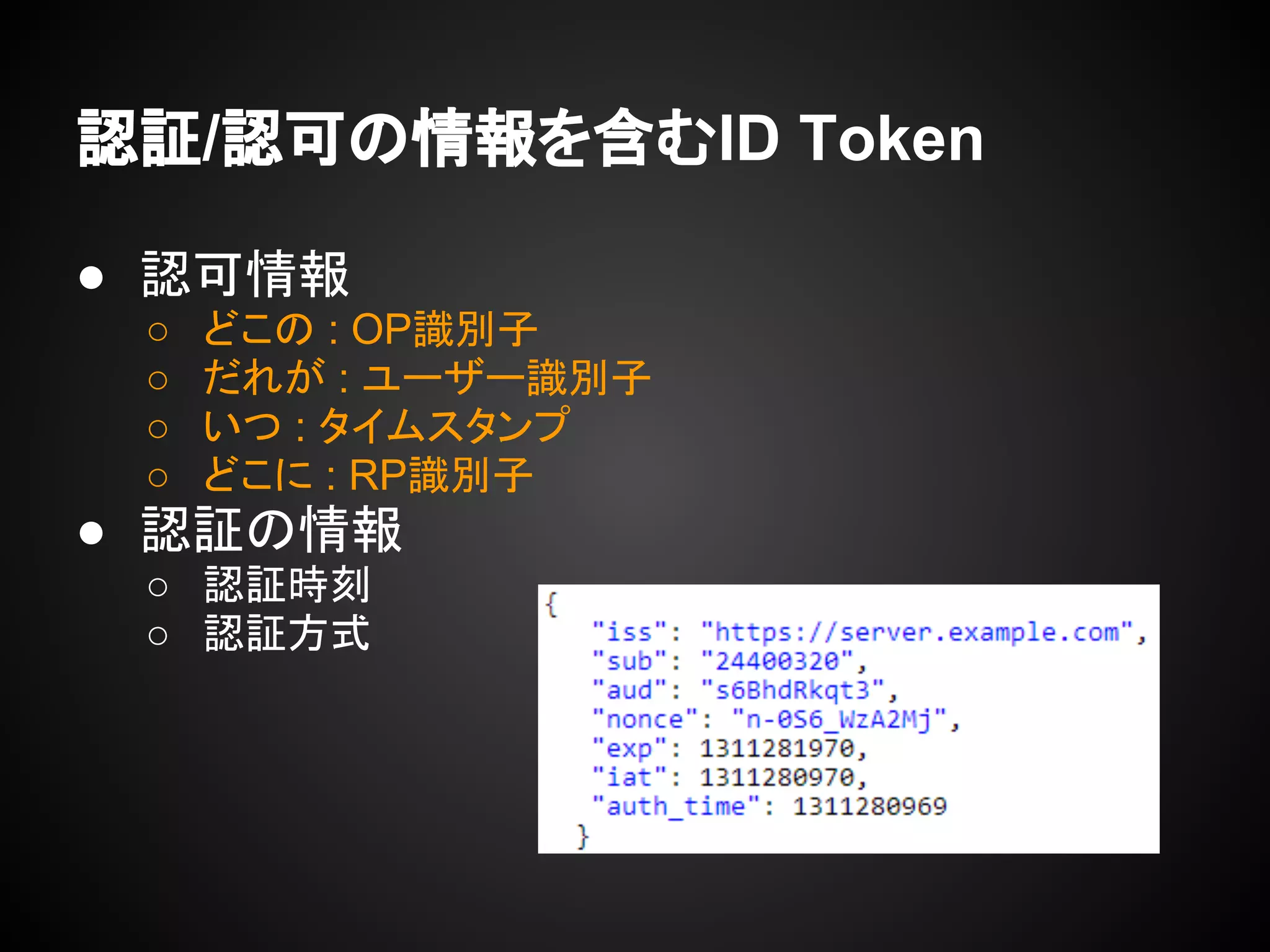 認証/認可の情報を含むID Token
● 認可情報
○ どこの : OP識別子
○ だれが : ユーザー識別子
○ いつ : タイムスタンプ
○ どこに : RP識別子
● 認証の情報
○ 認証時刻
○ 認証方式
 