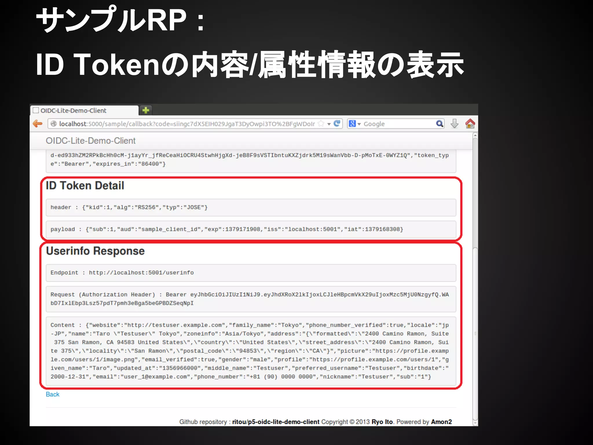 サンプルRP :
ID Tokenの内容/属性情報の表示
 