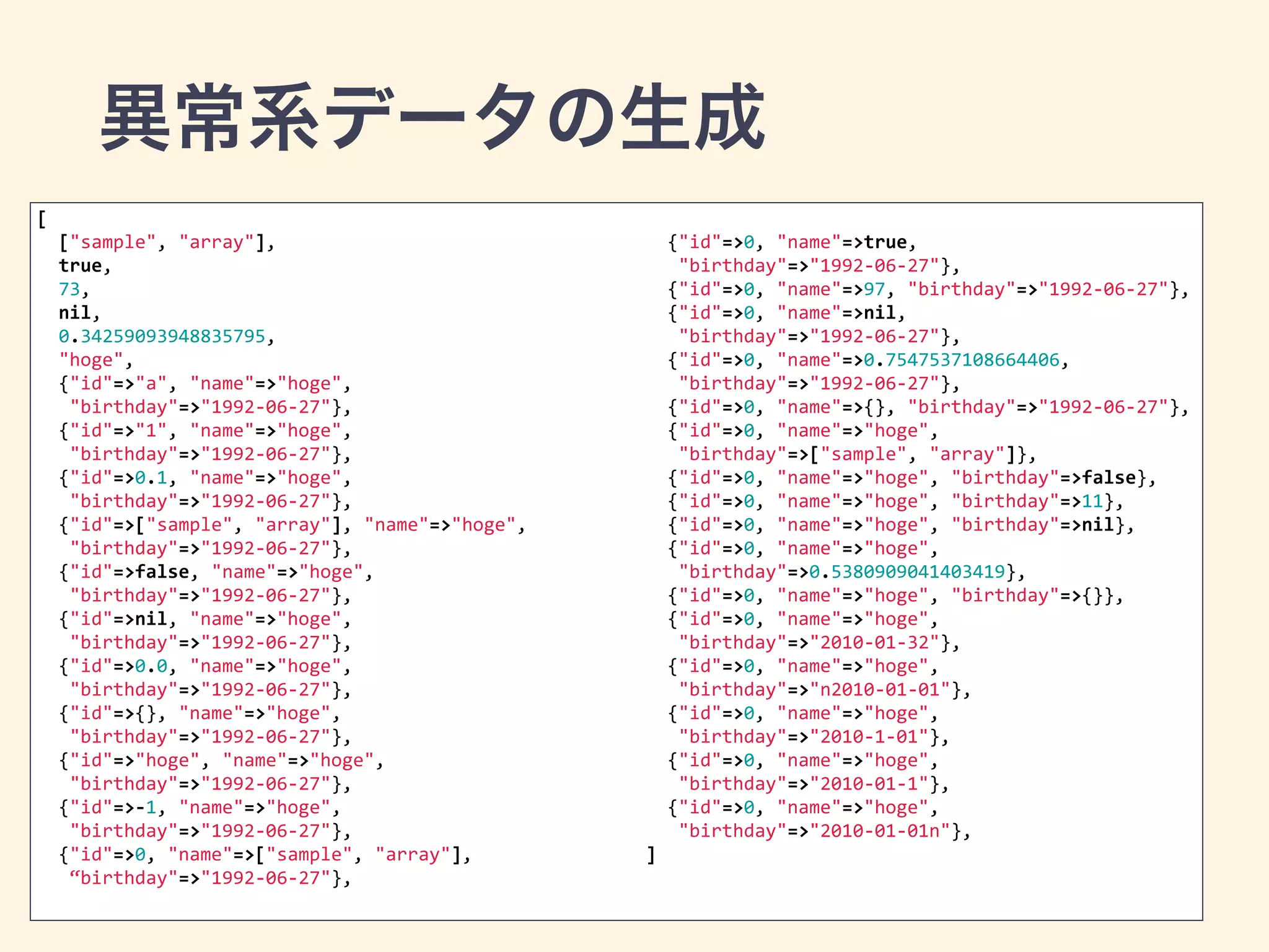 異常系データの生成 
[ 
["sample", 
"array"], 
true, 
73, 
nil, 
0.34259093948835795, 
"hoge", 
{"id"=>"a", 
"name"=>"hoge", 
"birthday"=>"1992-­‐06-­‐27"}, 
{"id"=>"1", 
"name"=>"hoge", 
"birthday"=>"1992-­‐06-­‐27"}, 
{"id"=>0.1, 
"name"=>"hoge", 
"birthday"=>"1992-­‐06-­‐27"}, 
{"id"=>["sample", 
"array"], 
"name"=>"hoge", 
"birthday"=>"1992-­‐06-­‐27"}, 
{"id"=>false, 
"name"=>"hoge", 
"birthday"=>"1992-­‐06-­‐27"}, 
{"id"=>nil, 
"name"=>"hoge", 
"birthday"=>"1992-­‐06-­‐27"}, 
{"id"=>0.0, 
"name"=>"hoge", 
"birthday"=>"1992-­‐06-­‐27"}, 
{"id"=>{}, 
"name"=>"hoge", 
"birthday"=>"1992-­‐06-­‐27"}, 
{"id"=>"hoge", 
"name"=>"hoge", 
"birthday"=>"1992-­‐06-­‐27"}, 
{"id"=>-­‐1, 
"name"=>"hoge", 
"birthday"=>"1992-­‐06-­‐27"}, 
{"id"=>0, 
"name"=>["sample", 
"array"], 
“birthday"=>"1992-­‐06-­‐27"}, 
! 
{"id"=>0, 
"name"=>true, 
"birthday"=>"1992-­‐06-­‐27"}, 
{"id"=>0, 
"name"=>97, 
"birthday"=>"1992-­‐06-­‐27"}, 
{"id"=>0, 
"name"=>nil, 
"birthday"=>"1992-­‐06-­‐27"}, 
{"id"=>0, 
"name"=>0.7547537108664406, 
"birthday"=>"1992-­‐06-­‐27"}, 
{"id"=>0, 
"name"=>{}, 
"birthday"=>"1992-­‐06-­‐27"}, 
{"id"=>0, 
"name"=>"hoge", 
"birthday"=>["sample", 
"array"]}, 
{"id"=>0, 
"name"=>"hoge", 
"birthday"=>false}, 
{"id"=>0, 
"name"=>"hoge", 
"birthday"=>11}, 
{"id"=>0, 
"name"=>"hoge", 
"birthday"=>nil}, 
{"id"=>0, 
"name"=>"hoge", 
"birthday"=>0.5380909041403419}, 
{"id"=>0, 
"name"=>"hoge", 
"birthday"=>{}}, 
{"id"=>0, 
"name"=>"hoge", 
"birthday"=>"2010-­‐01-­‐32"}, 
{"id"=>0, 
"name"=>"hoge", 
"birthday"=>"n2010-­‐01-­‐01"}, 
{"id"=>0, 
"name"=>"hoge", 
"birthday"=>"2010-­‐1-­‐01"}, 
{"id"=>0, 
"name"=>"hoge", 
"birthday"=>"2010-­‐01-­‐1"}, 
{"id"=>0, 
"name"=>"hoge", 
"birthday"=>"2010-­‐01-­‐01n"}, 
] 
 