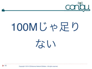 100Mじゃ足り 
ない 
Copyright © 2014 COnference Network BUilders . All rights reserved. 
14 
 
