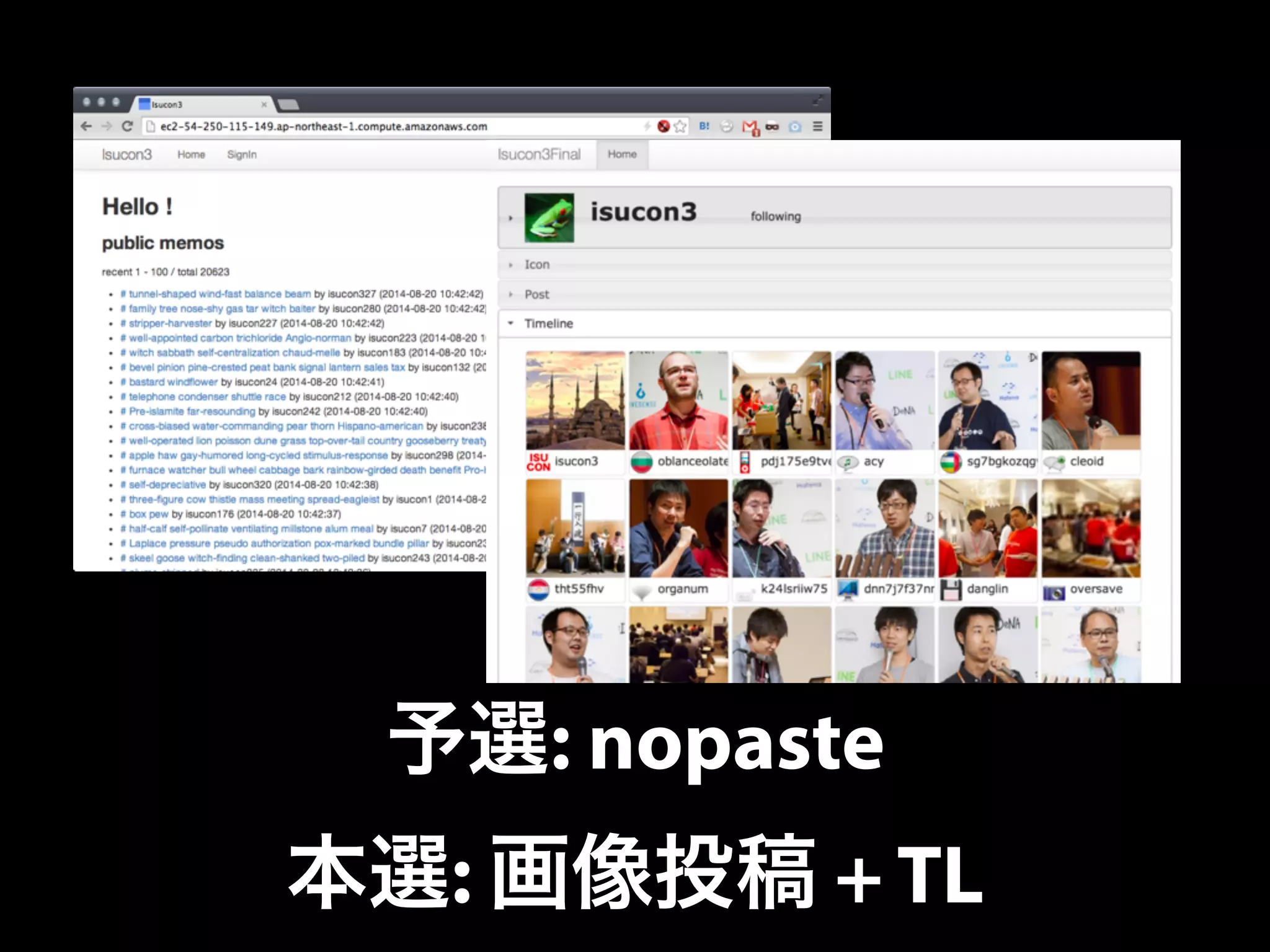予選: nopaste
本選: 画像投稿 + TL
 