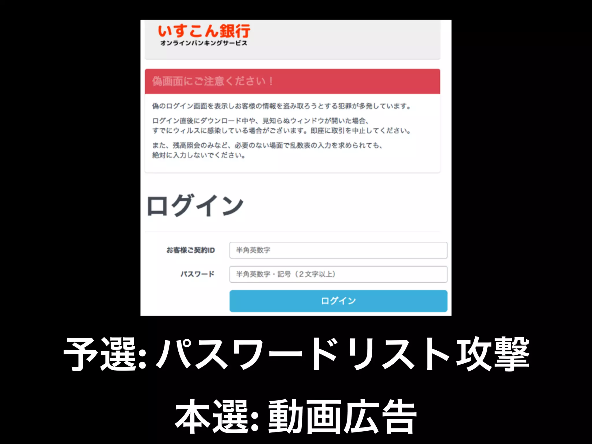 予選: パスワードリスト攻撃
本選: 動画広告
 
