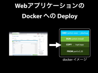 Webアプリケーションの 
Docker への Deploy 
CMD carton exec -- plackup 
RUN carton install 
COPY . /opt/app 
FROM perl:v5.20 
docker イ...