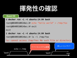 揮発性の確認 
Guest OS 
$ docker run -i -t ubuntu:14.04 bash 
root@0840910014be:/# echo “hello world” > /tmp/foo 
root@084091001...
