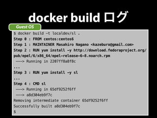 docker build ログ 
Guest OS 
$ docker build -t localdev/sl . 
Step 0 : FROM centos:centos6 
Step 1 : MAINTAINER Masahiro Nag...