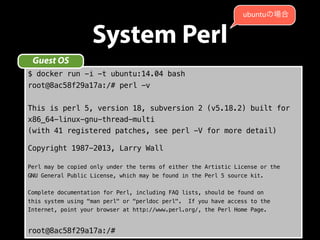 System Perl 
Guest OS 
$ docker run -i -t ubuntu:14.04 bash 
root@8ac58f29a17a:/# perl -v 
This is perl 5, version 18, sub...