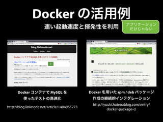 Docker の活用例 
速い起動速度と揮発性を利用 
Docker コンテナで MySQL を 
使ったテストの高速化 
http://blog.linknode.net/article/1404955273 
アプリケーション 
だけじゃな...