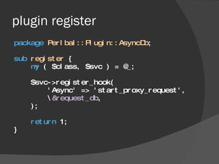 plugin register <ul><li>package   Perlbal::Plugin::AsyncDb ; </li></ul><ul><li>sub   register  { </li></ul><ul><li>my  ( $...
