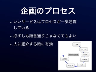 企画のプロセス
• いいサービスはプロセスが一気通貫
 している

• 必ずしも順番通りじゃなくてもよい
• 人に紹介する時に有効
 