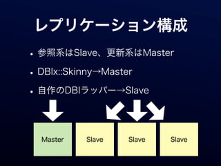 レプリケーション構成
• 参照系はSlave、更新系はMaster
• DBIx::Skinny→Master
• 自作のDBIラッパー→Slave

  Master   Slave   Slave   Slave
 