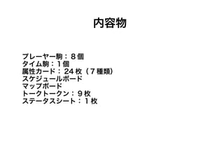 内容物

プレーヤー駒： 8 個
タイム駒：１個
属性カード： 24 枚（ 7 種類）
スケジュールボード
マップボード
トークトークン： 9 枚
ステータスシート： 1 枚
 