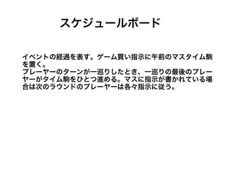 スケジュールボード

イベントの経過を表す。ゲーム買い指示に午前のマスタイム駒
を置く。
プレーヤーのターンが一巡りしたとき、一巡りの最後のプレー
ヤーがタイム駒をひとつ進める。マスに指示が書かれている場
合は次のラウンドのプレーヤーは各々指示に従う。
 