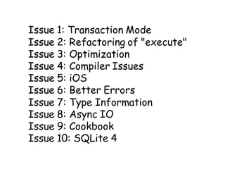 Issue 1: Transaction Mode
Issue 2: Refactoring of "execute"
Issue 3: Optimization
Issue 4: Compiler Issues
Issue 5: iOS
Issue 6: Better Errors
Issue 7: Type Information
Issue 8: Async IO
Issue 9: Cookbook
Issue 10: SQLite 4
 