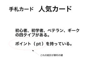 手札カード 人気カード
初心者、初学者、ベテラン、ギーク
の四タイプがある。
ポイント（ pt ）を持っている。
これの総計が勝利の鍵
 