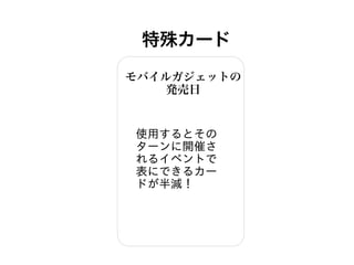 特殊カード
モバイルガジェットの
発売日
使用するとその
ターンに開催さ
れるイベントで
表にできるカー
ドが半減！
 