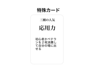 特殊カード
三種の人気
応用力
初心者かベテラ
ンを 2 枚消費し
て自分の場に出
せる
 