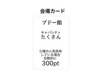 会場カード
ブドー館
キャパシティ
たくさん
三種の人気保有
している場合
自動的に
300pt
 