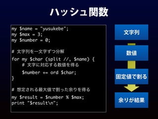 ハッシュ関数
my $name = "yusukebe";
my $max = 3;
my $number = 0;
# 文字列を一文字ずつ分解
for my $char (split //, $name) {
# 文字に対応する数値を得る
$number += ord $char;
}
# 想定される最大値で割った余りを得る
my $result = $number % $max;
print "$resultn";
文字列
数値
固定値で割る
余りが結果
 
