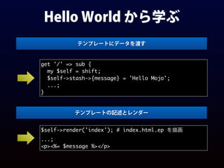 Hello World から学ぶ
get '/' => sub {
my $self = shift;
$self->stash->{message} = 'Hello Mojo';
...;
}
テンプレートにデータを渡す
$self->render('index'); # index.html.ep を描画
...;
<p><%= $message %></p>
テンプレートの記述とレンダー
 
