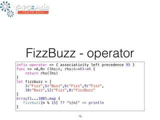 FizzBuzz - operator 
infix operator => { associativity left precedence 95 } 
func => <A,R> (lhs:A, rhs:A->R)->R { 
return rhs(lhs) 
} 
let fizzbuzz = [ 
3:"Fizz",5:"Buzz",6:"Fizz",9:"Fizz", 
10:"Buzz",12:"Fizz",0:"FizzBuzz" 
] 
Array(1...100).map { 
fizzbuzz[n % 15] ?? "(n)" => println 
} 
19 
 