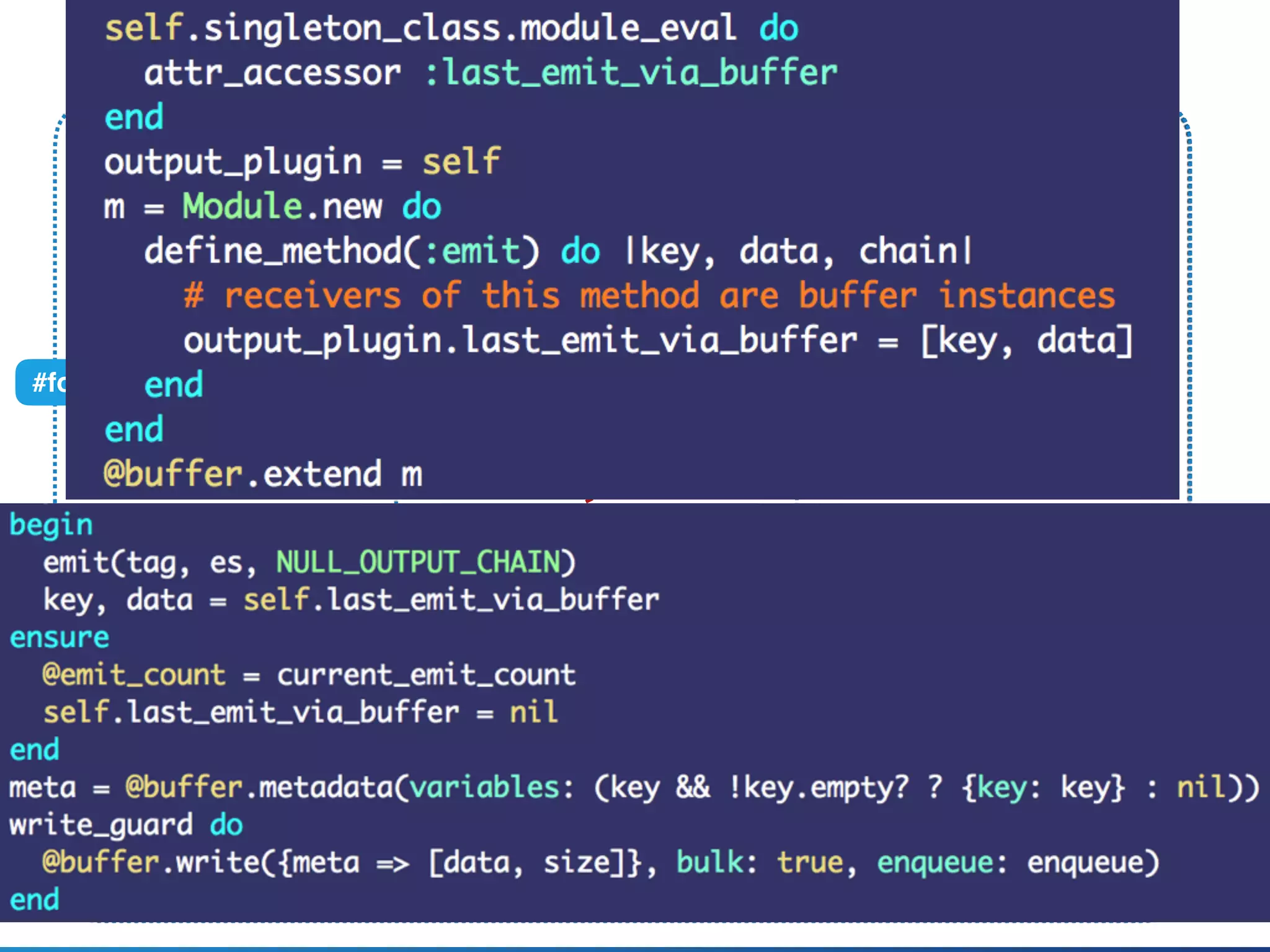 Fluent::Plugin::Outputclass MyOutput
@buﬀer
#write
#emit_events(tag, es)
When plugin overrides #emit
Compat::BuﬀeredOutput
#emit_buffered(tag, es)
#format(tag, time, record)
#format_stream(tag,es) #handle_stream_*
#handle_stream_simple
#emit(tag, es, chain) #emit(tag, es, chain, key)
#format_stream(tag,es)
#write(chunk)
ﬂush thread
 
