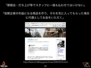 54
http://lestrrat.ldblog.jp/archives/33412512.html
「懇親会・打ち上げ等でスタッフに一銭も払わせてはいけない」
「協賛企業の利益になる商品を作り、それを気に入ってもらった場合
に代償としてお金をいただく」
 
