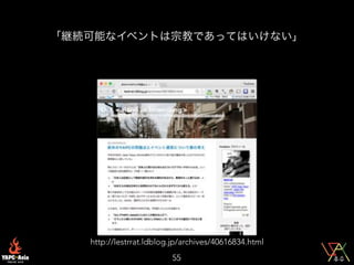 55
「継続可能なイベントは宗教であってはいけない」
http://lestrrat.ldblog.jp/archives/40616834.html
 