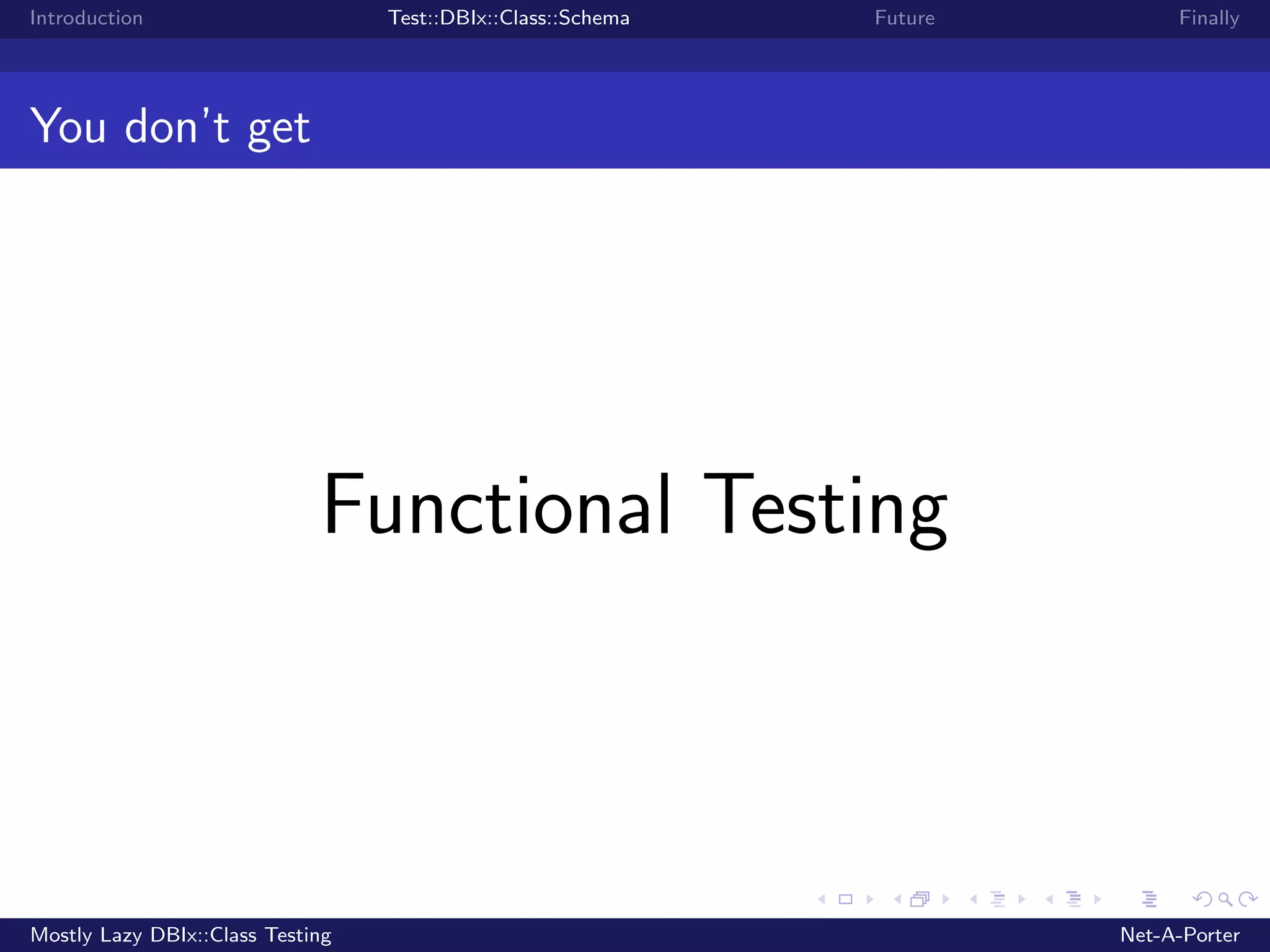 Introduction Test::DBIx::Class::Schema Future Finally You don’t get Functional Testing Mostly Lazy DBIx::Class Testing Net-A-Porter 